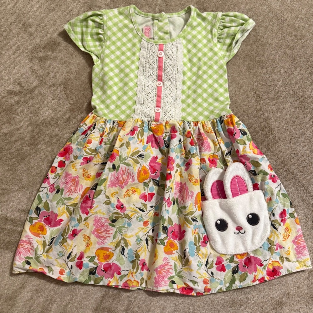 Ricrac & Ruffles Girls Green Gingham Floral Bunny Pocket Tunic Dress Size 8